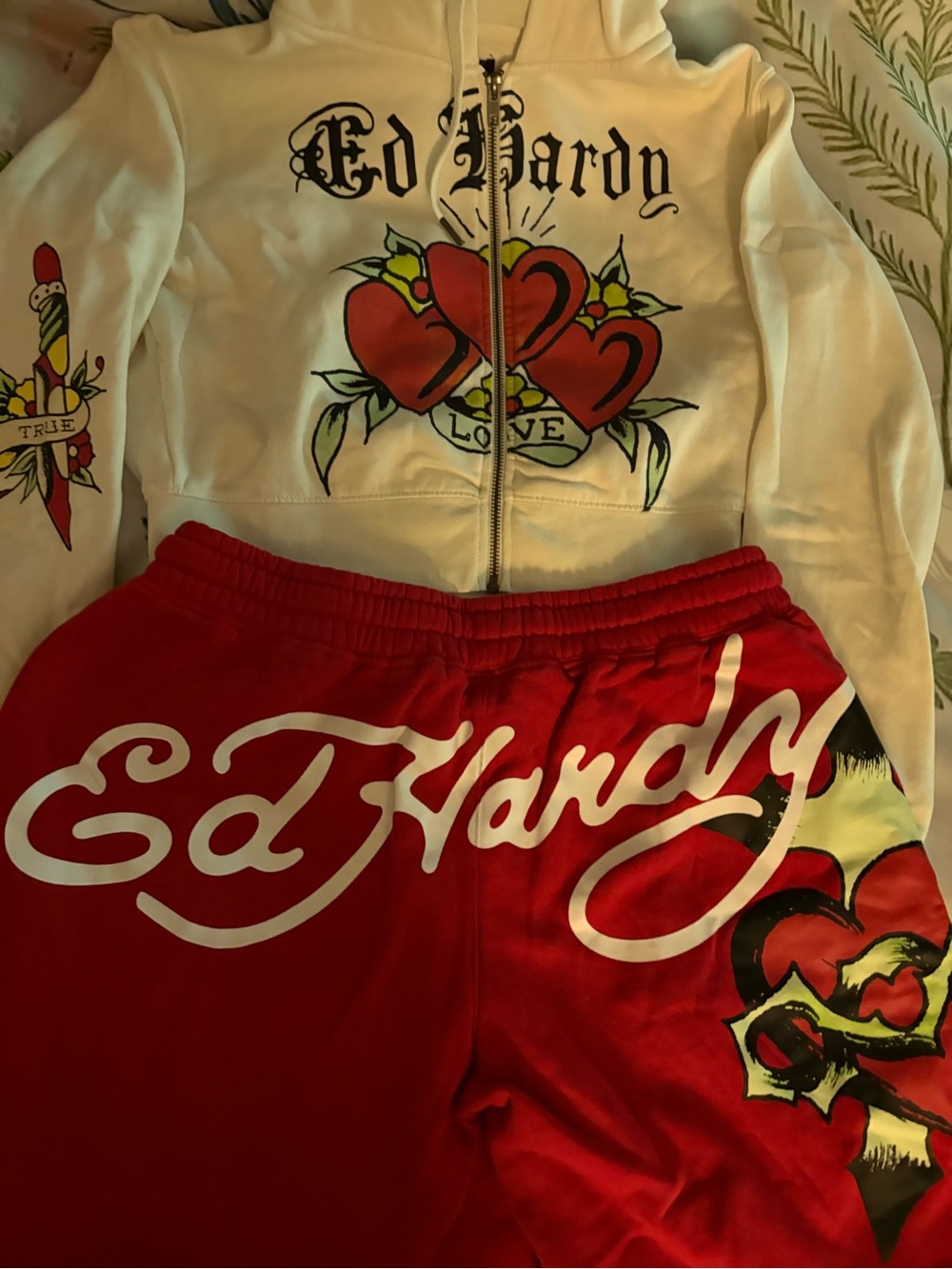 Ed Hardy Red Athletic Tracksuit with White Script and Tattoo Heart Graphic